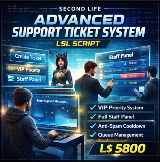 Advanced Support Ticket System with Staff Panel, VIP Priority, Queue Management & Anti-Spam (Full Perm) LSL Script