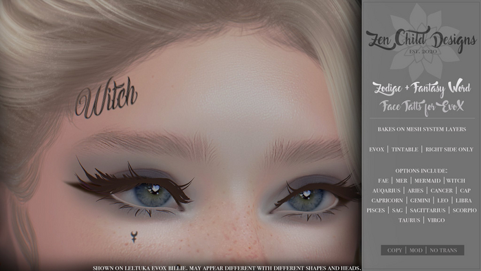 Zen Child Designs - Zodiac + Fantasy Word Face Tattoos EvoX