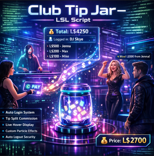 Club Tip Jar LSL Script FULL PERM | DJ Host Split System | Auto Login, Commission Control, Profile Display, Particles