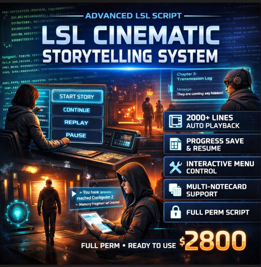 LSL Cinematic Storytelling System – 2000+ Line Narrative Engine with Auto Playback, Save Progress & Full Perm Script