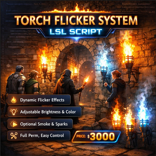 Torch Flicker System LSL Script–Realistic Fire Light, Dynamic Flickering Torch, Adjustable Brightness & Color, Particles