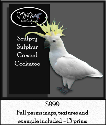 Full Perms Sculpted 13 Prim Sulphur Crested Cockatoo