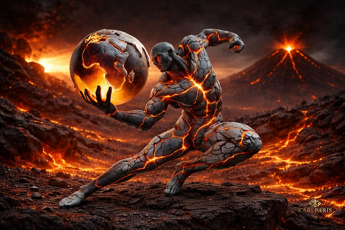 Lava Titan Holding Planet – Stylized Fantasy Character Sculpture