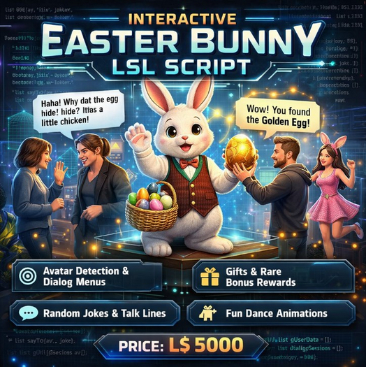Interactive Easter Bunny NPC LSL Script (Full Perm) – Multi-User Smart AI, Gifts, Dialog System, Animations & Event-Read