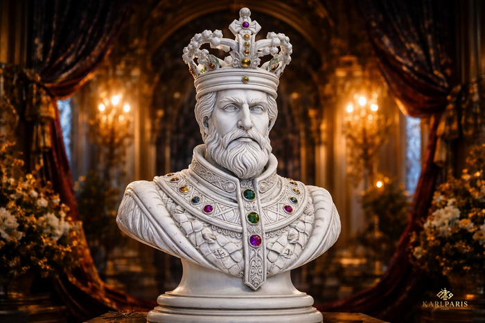 Royal King Bust – Marble Crowned Monarch Sculpture