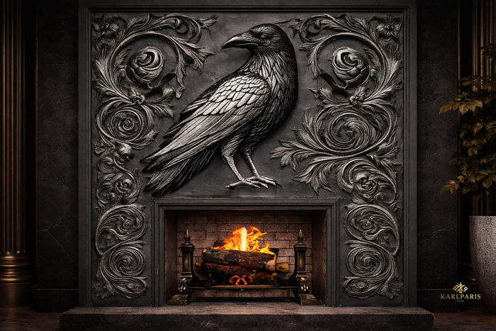 Raven Ornamental Fireplace – Gothic Sculpted Wall Statement