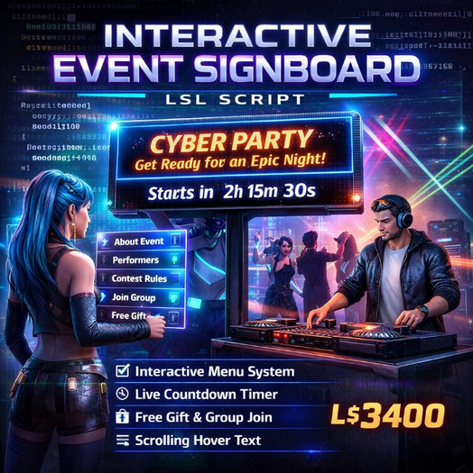 Interactive Event Signboard LSL Script – Full Perm Second Life Event Board with Countdown, Menu System, Gifts 