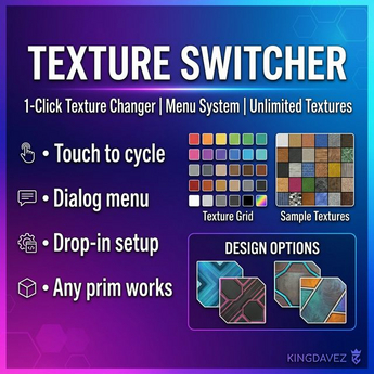 Texture / Material Switcher — Full Perm | Themes, Color, Shine, Glow & Transparency | Touch Menu + Chat
