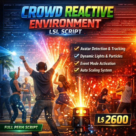 Crowd Reactive Environment System LSL Script (Full Perm) – Smart Lighting, Particles & Event Mode Automation