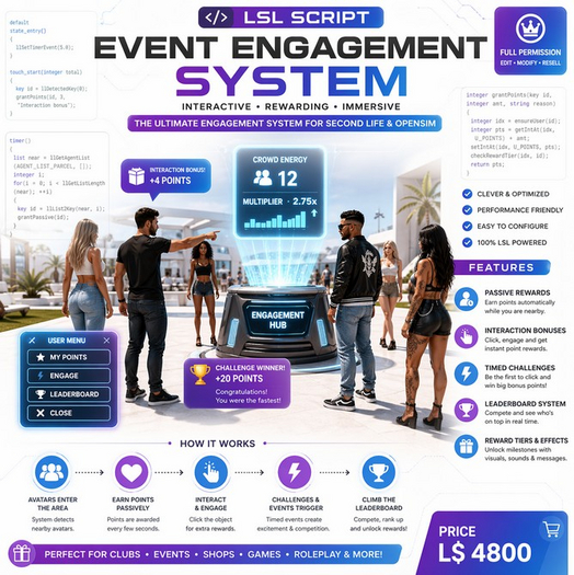 LSL Event Engagement System – Interactive Crowd Game, Leaderboard, Timed Challenges, Passive Rewards, Full Perm Script