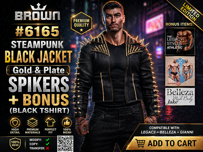 6165 STEAMPUNK BLACK JACKET Gold & Plate Spikers + BONUS