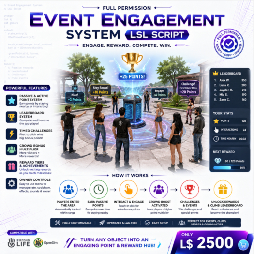 Event Engagement System LSL Script – Gamified Crowd Interaction, Leaderboard, Timed Challenges, Reward System -Full Perm