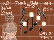CANDLE TOUCH ON/OFF LAMP MUSICAL NOTES HOME DECOR ALPHA CUT OUT 3D WALL DECAL STYLE ON 1 PRIM copy/modify