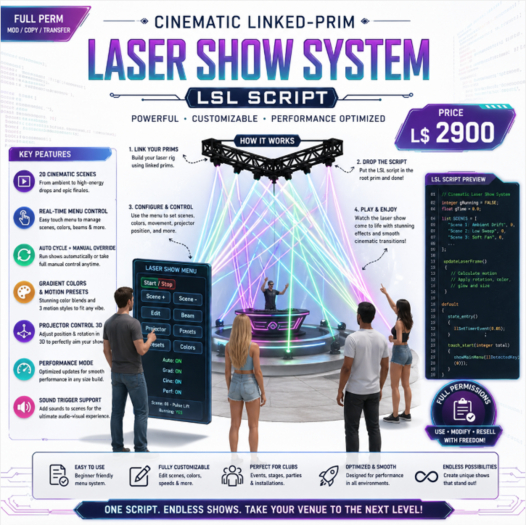 Cinematic Linked-Prim Laser Show System LSL Script – Advanced Multi-Scene Laser Controller with Auto Cycle, Gradient FX