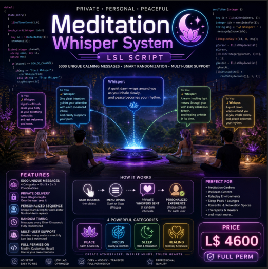  Meditation Whisper System LSL Script – Private Calm Message Engine with 5000 Unique Lines & Smart Randomization 