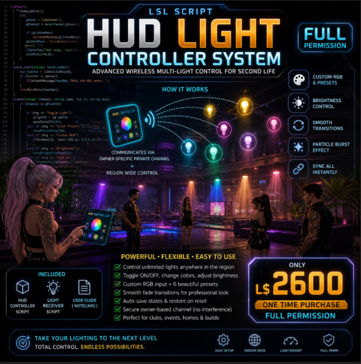 Advanced HUD Light Controller System (LSL Script) – Wireless Multi-Light Sync RGB Control, Smooth Transitions, Full Perm