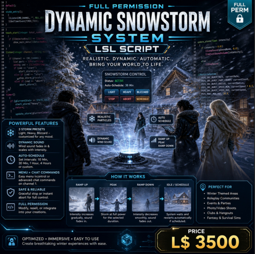  Dynamic Snowstorm System LSL Script – Full Perm Weather Controller with Menu, Auto Schedule, Wind Sound & Snow FX