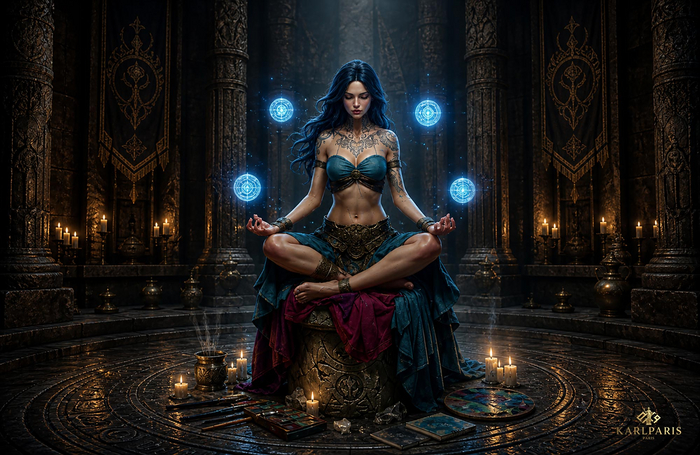 Meditating Mystic Woman – Floating Energy Orbs Fantasy Sculpture