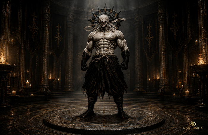 Blindfolded Demon Warrior – Dark Ritual Guardian Sculpture