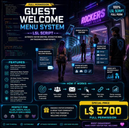 Guest Welcome Menu System LSL Script | Auto Visitor Greeting, Menu Dialog, 24h Tracking & Owner Reports | Full Perm