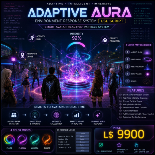 Adaptive Aura LSL Script – Smart Avatar Reactive Particle System | Dynamic Environment FX | Full Perm