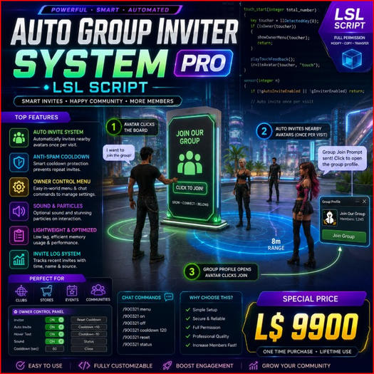 Auto Group Inviter System –Smart Anti-Spam Join Board with Auto Invite, Cooldown Protection & Owner Control LSL Script