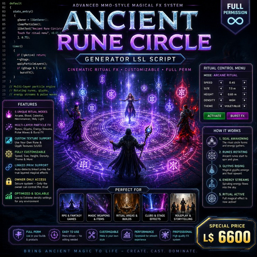 Ancient Rune Circle Generator LSL Script – Advanced MMO-Style Magical Ritual FX System (Full Perms)