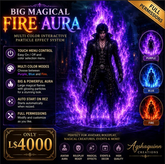Big Magical Fire Aura System – Multi Color Interactive Particle Script with Menu Controls for Second Life