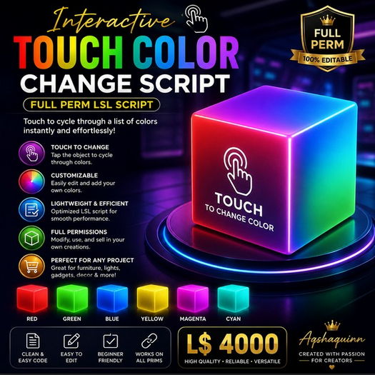 Interactive Touch Color Change Script Full Perm LSL RGB Color Cycling System