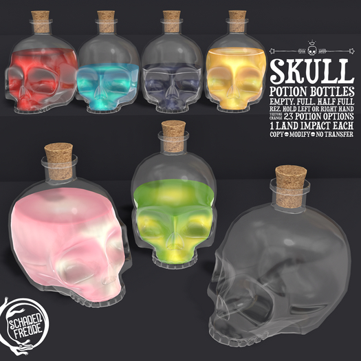 Schadenfreude Skull Potion Bottles