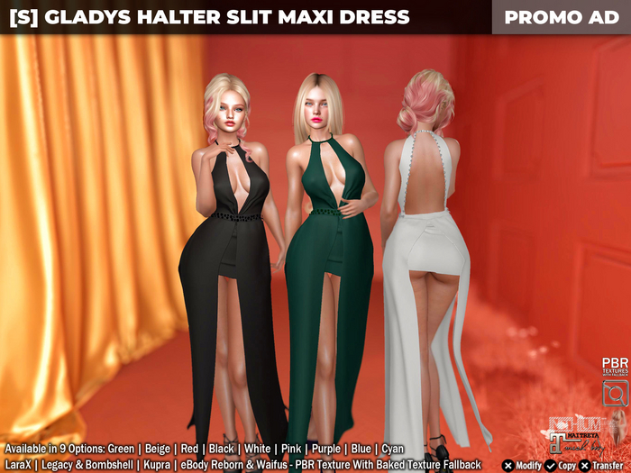 [S] Gladys Halter Slit Maxi Dress Demo