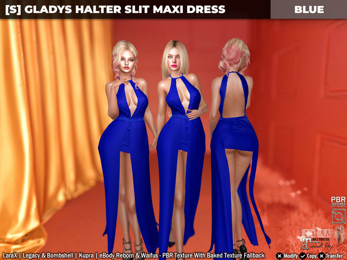 [S] Gladys Halter Slit Maxi Dress Blue