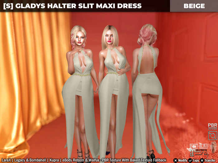 [S] Gladys Halter Slit Maxi Dress Beige