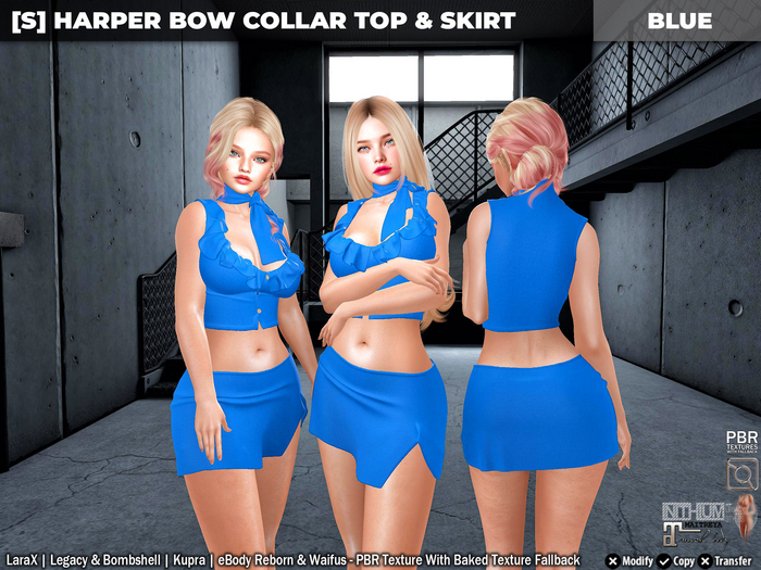 [S] Harper Bow Collar Top & Skirt Blue