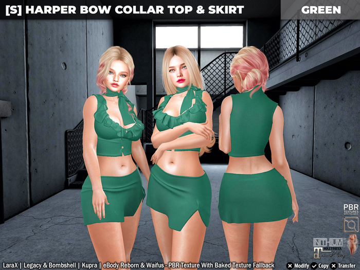 [S] Harper Bow Collar Top & Skirt Green