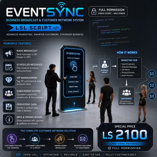 EVENTSYNC Pro LSL Script (Full Perm) | Futuristic Subscriber Network, VIP Marketing & Automated Broadcast System 