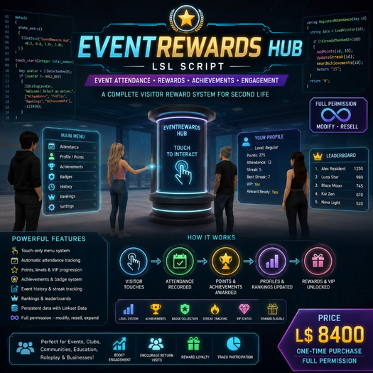 EventRewards Hub LSL Script Full Perm –Event Attendance Tracker, Visitor Rewards System, Achievement Badges & VIP Levels