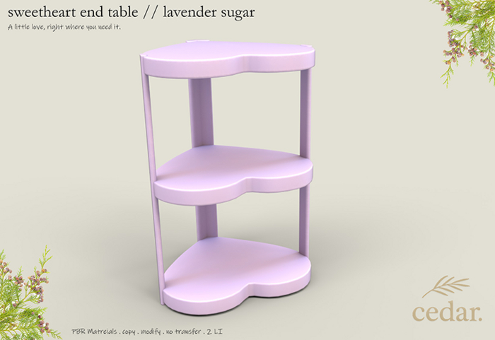 cedar. sweetheart end table // lavender sugar