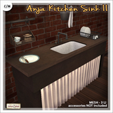 [V/W] Anja Kitchen Sink II - Vintage Wooden Counter with Stone Basin, Pipe Faucet, Curtain