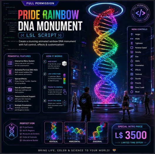 Pride Rainbow DNA Monument LSL Script Full Perm | Interactive Particle DNA Helix Generator for Second Life & OpenSim