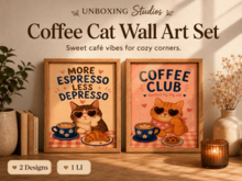 Coffee Cat Wall Art Set / Cozy Cafe Frame Decor