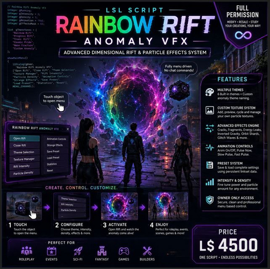 Rainbow Rift Anomaly VFX LSL Script Full Perm | Advanced Dimensional Rift, Particle Effects, Custom Themes & Preset 