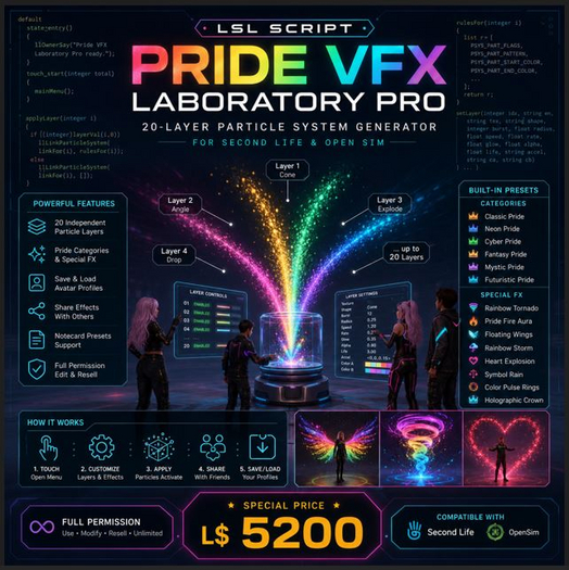 Pride VFX Laboratory Pro LSL Script Full Perm | 20 Layer Particle System Generator for Second Life 