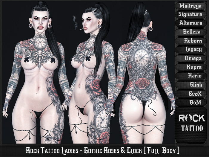 Rock Tattoo Ladies - Gothic Roses & Clock [ Full  Body ]