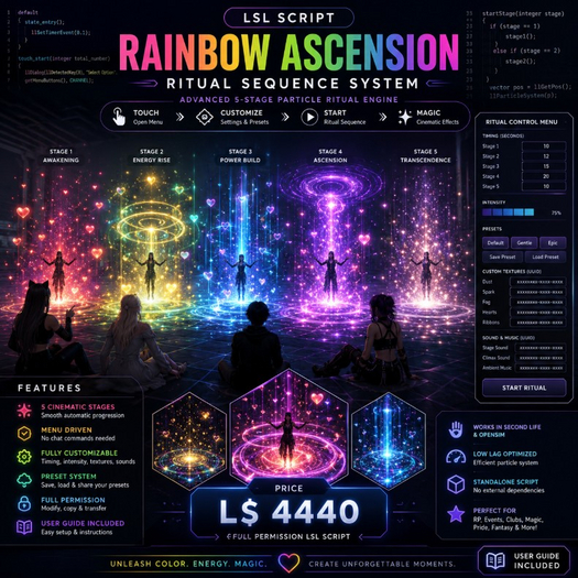 Rainbow Ascension Ritual Sequence Full Perm LSL Script | Pride VFX Particle System | Menu Driven Magic Effect Engine