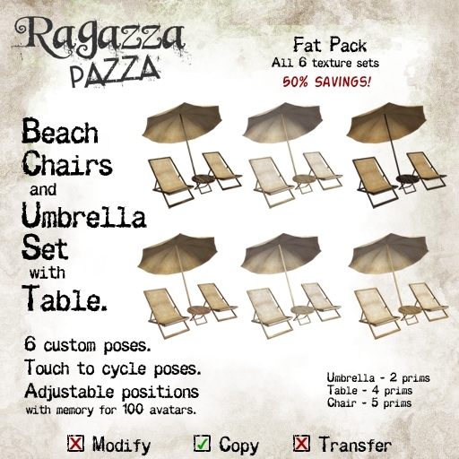 *Ragazza Pazza* Beach Chairs and Umbrella Set with Table (fat pack)