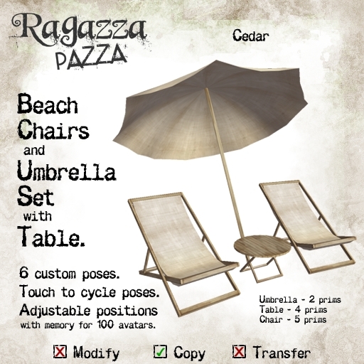 *Ragazza Pazza* Beach Chairs and Umbrella Set with Table (cedar)