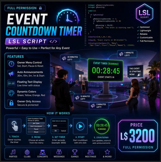 Full Perm LSL Event Countdown Timer Script | Interactive Event Timer with Auto Announcements, Hover Text & Host Controls