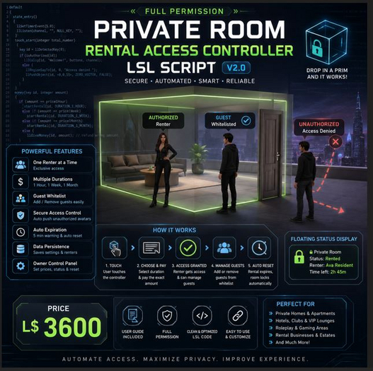 Private Room Rental Access Controller LSL Script V2.0 | Full Permission | Secure Rental, Guest Whitelist 