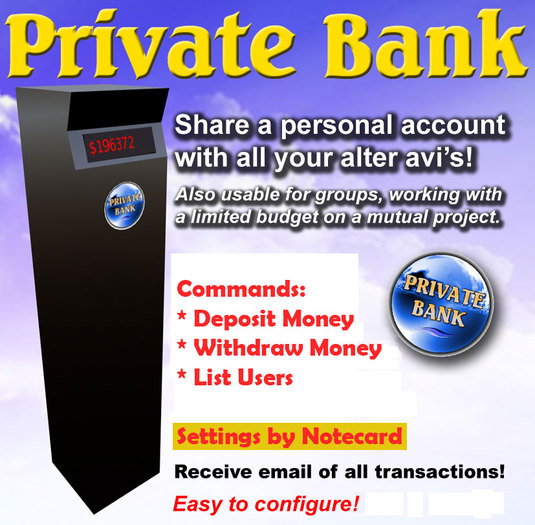 Private Bank / ATM system / Budget controller (notecard-configurated)